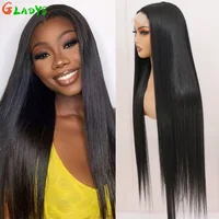 Pelucas frontales de encaje recto sintético 4X4 para mujer, peluca de fibra Natural de alta temperatura, pelucas de Cosplay con cierre de encaje recto de 36 pulgadas