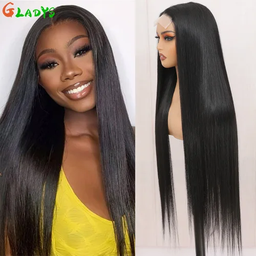 Pelucas frontales de encaje recto sintético 4X4 para mujer, peluca de fibra Natural de alta temperatura, pelucas de Cosplay con cierre de encaje recto de 36 pulgadas