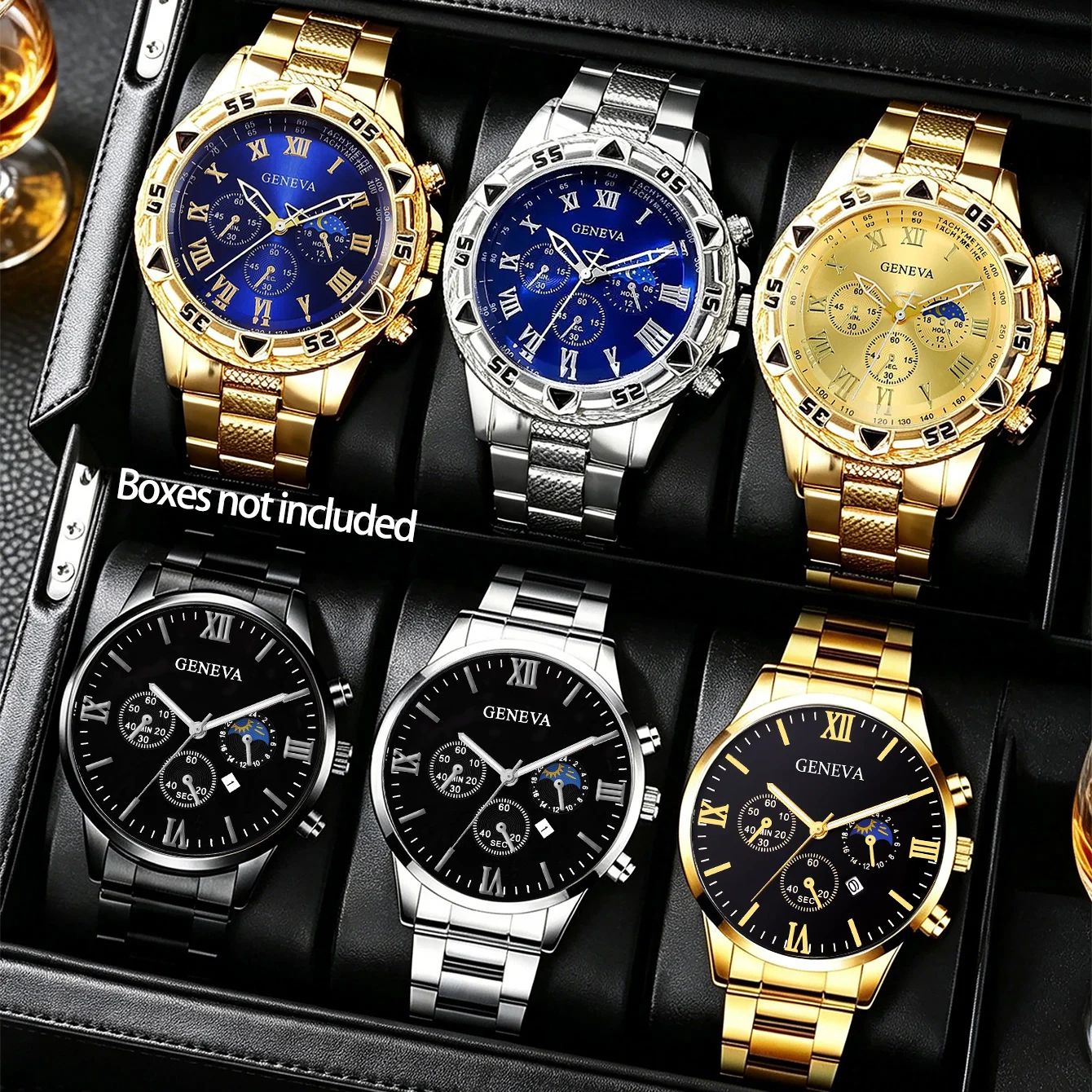 6-Piece Men's Fashionable Round Dial Quartz Watch Set, Battery-Powered, Non-Rechargeable, Perfect for Valentine's Day, Easter, Ramadan, Birthdays, and Christmas Gifts