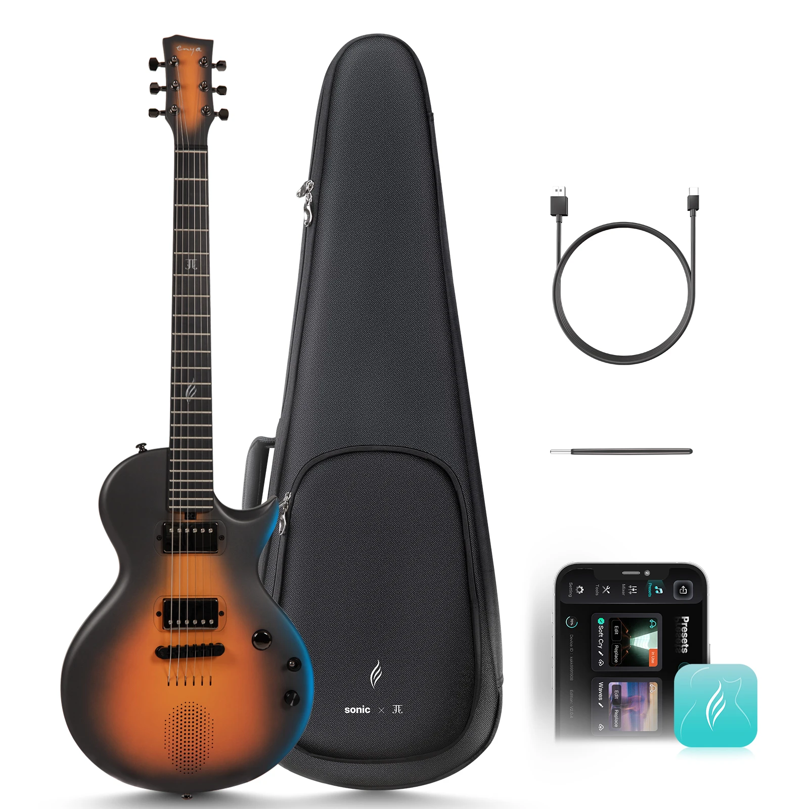 Enya Guitarra eléctrica Jack Signature Sonic JT Guitarra eléctrica inteligente de fibra de carbono con altavoz inalámbrico de 15W, portátil todo en uno