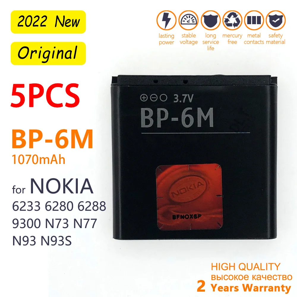 5PCS BP-6M BP6M BP 6M Replacement Phone Battery For Nokia 6233 6280 6288 9300 N73 N77 N93 N93S Rechargeable Lithium Battery