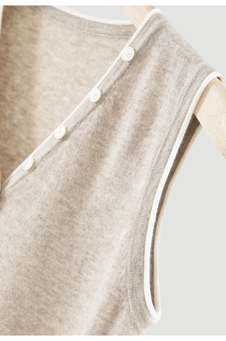 ML62129 Damen Vintage V-Ausschnitt Ärmellose Strickweste mit Kontrastbesatz und Knopfleiste aus Modal-Mischgewebe, Sommerliches Casual-Oberteil – Detail 13