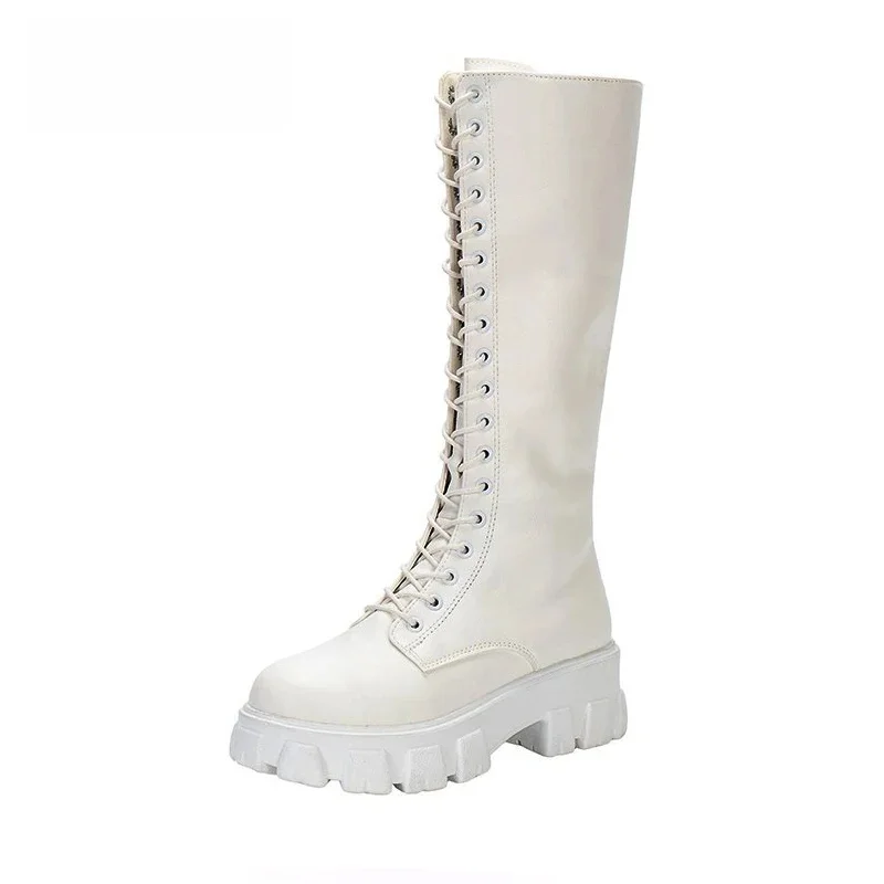 Aphixta 2025 chaussures d'hiver femmes longues bottes hautes blanc en cuir PU genou bottes hautes femme mode à lacets plate-forme Botas Mujer