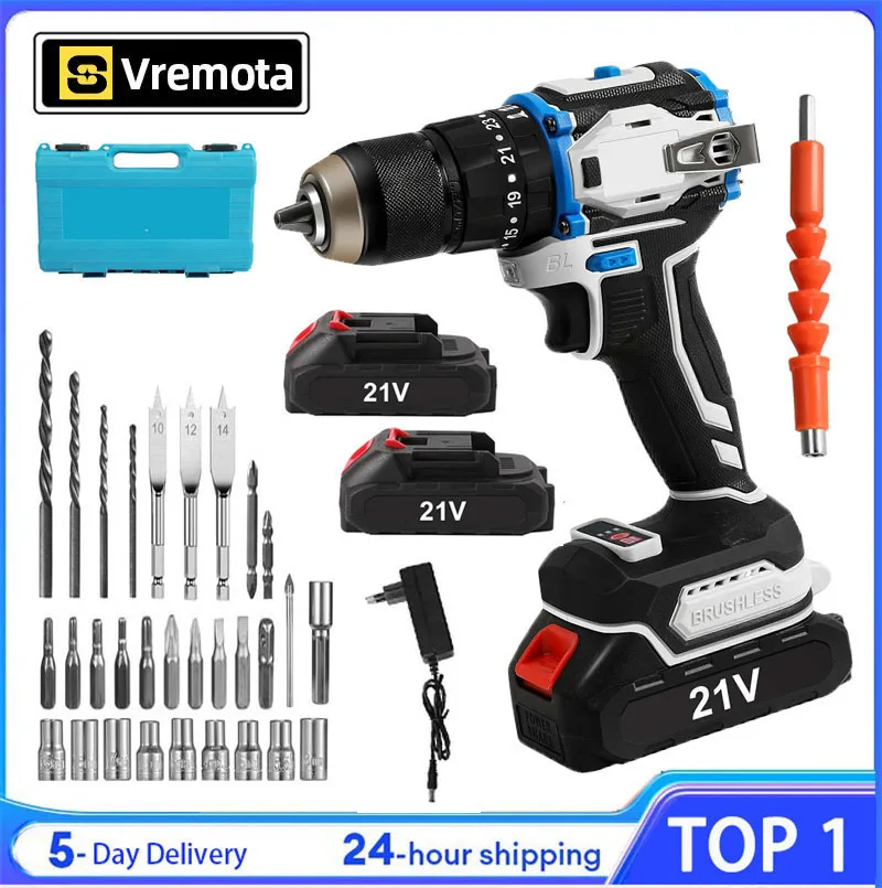 Vremota Trapano a batteria senza spazzole Cacciavite elettrico Trapano a percussione 3in1 con luce 2 velocità 70Nm Utensili elettrici per batteria 18V