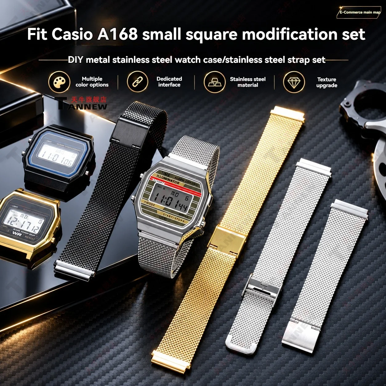 Stainless Steel Replacement Case Bracelet Mod Kit for Casio A168 A168WA Module 3289 Square Watch Metal Upgrade Parts for Men