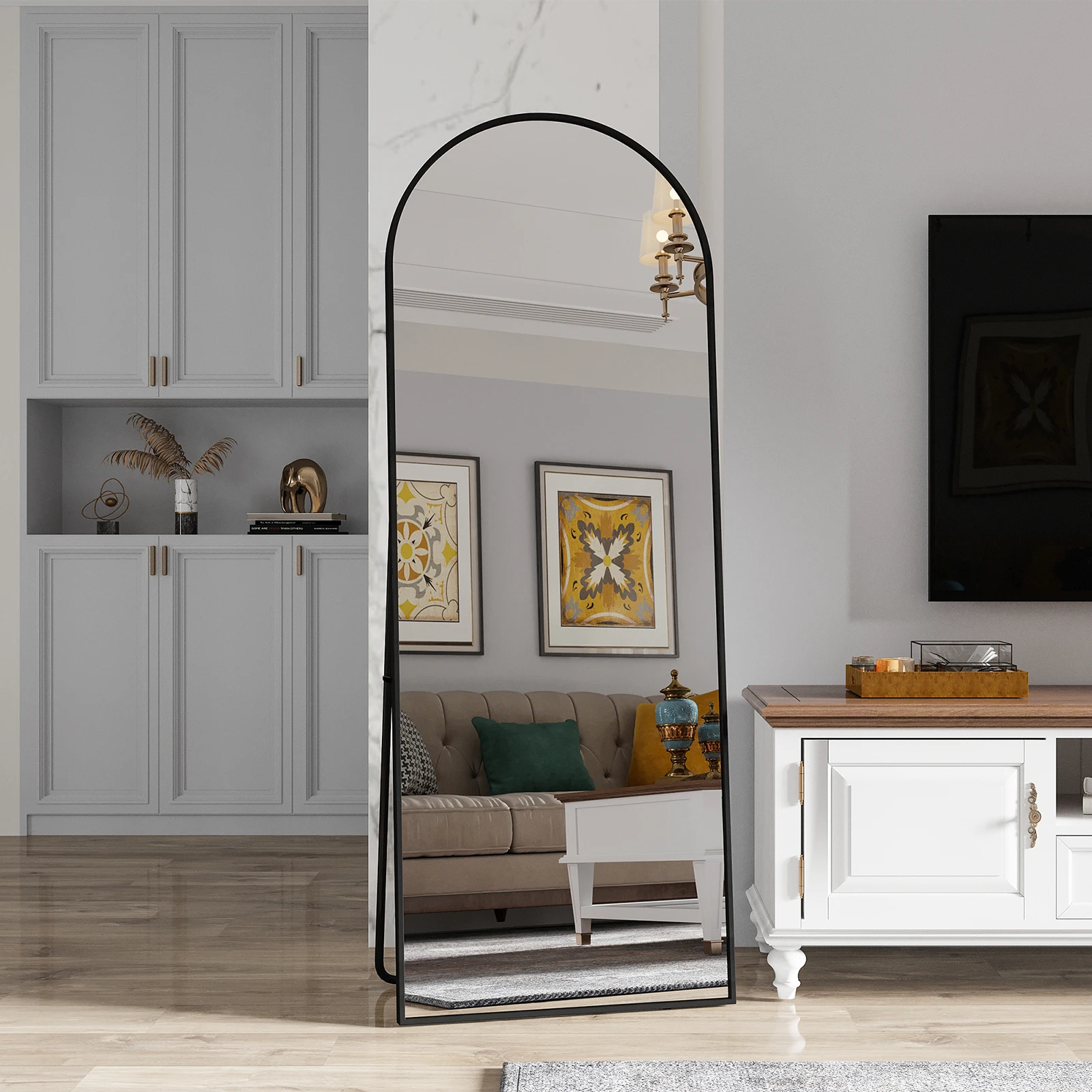 Miroir Complet arqué 162x53 cm, Minimaliste sur Pied, Grand Miroir de Sol Pleine Longueur, Bombé et Suspendu, Elliptique, pour Chambre Salon Entrée, Noir