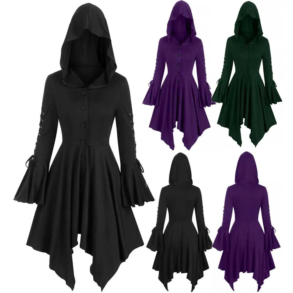 

SKMY Women Clothing Lace-Up Hooded Single-Breasted Ruffle Long Sleeve Irregular Dress Solid Color Party Clubwear Midi Dresses