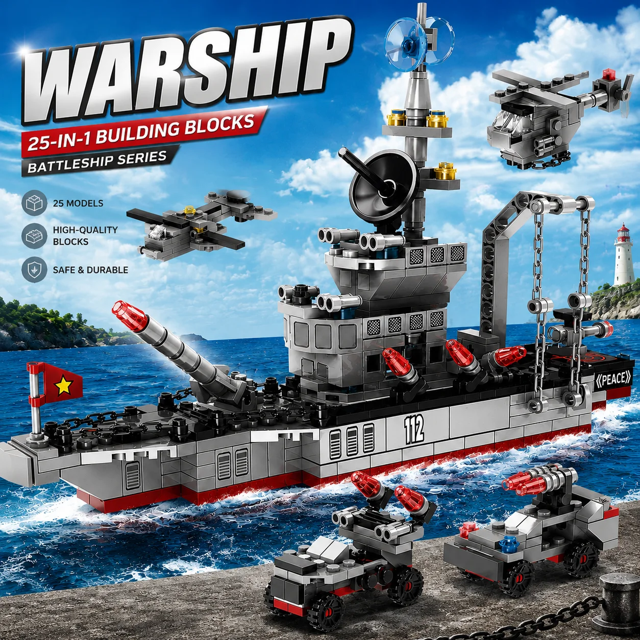 Military Ship 554pcs 8in1 Aircraft Cruiser Building Blocks Army Warship Plane Truck Bricks City Children Toys for Boy