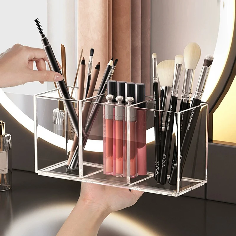 Transparent Makeup Brush Organizer, Makeup Storage Tray, Bathroom Drawer Makeup Organizer, 3 Slot Acrylic Makeup Brush Organizer