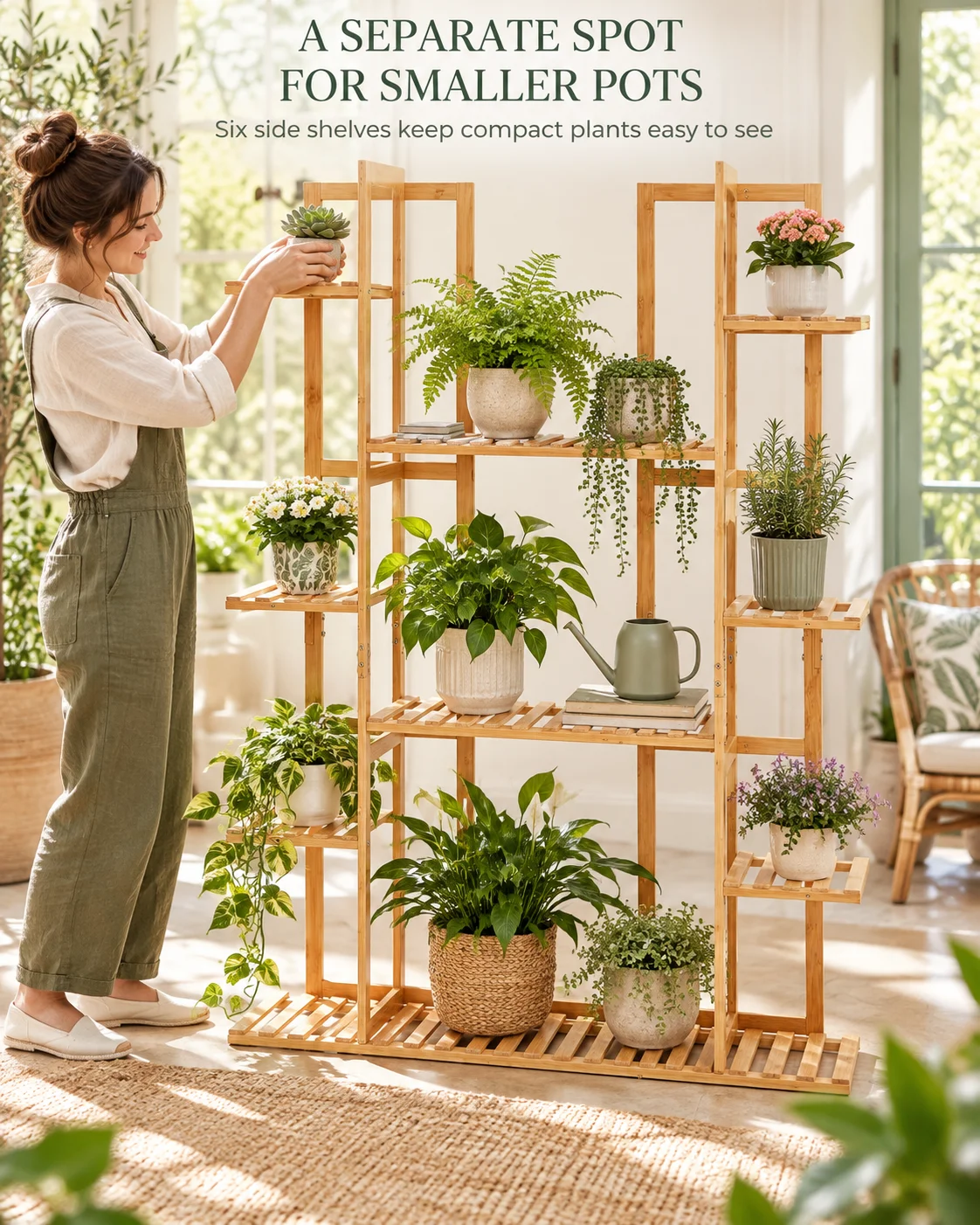 Multi-Tier Bamboo Plant Stand 48in Tall Wooden Flower Pot Display Shelf for Indoor Living Room Balcony Corner