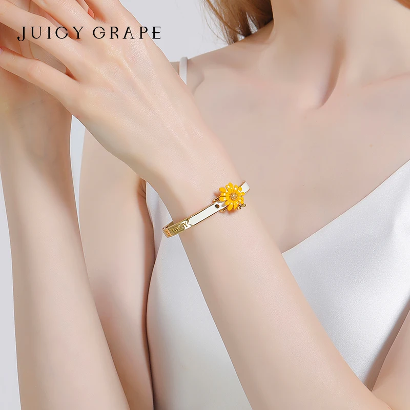 JUICY GRAPE Sunflower Bangle Enamel Handmade 18K Gold Plated 2024 Trendy Luxury Design Elegant and Fashionable Women's Jewelry