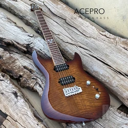 In Stock Acepro Electric Guitar with Abalone Inlay, Brown Flame Maple Top, Wilkinson Bridge, Wooden Binding, High Power Pickup