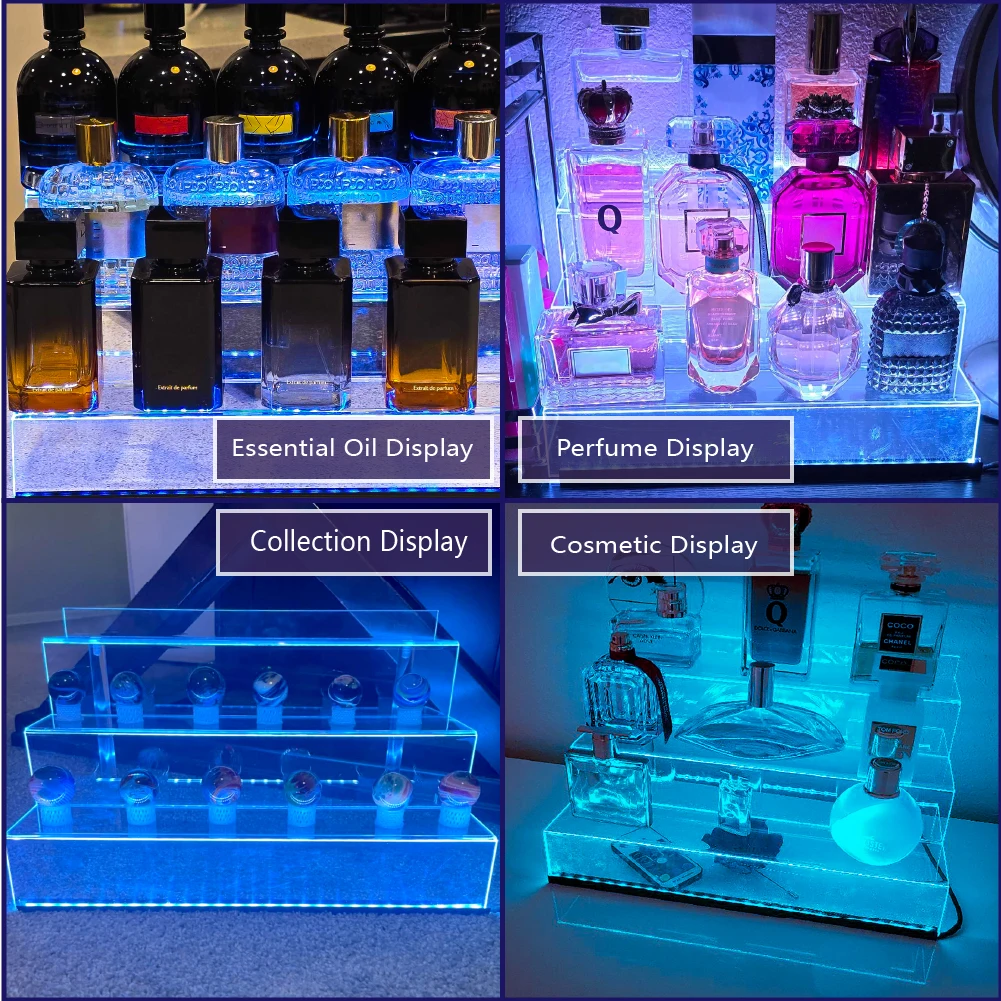 Acrylic Display Rack with LED Lights - 3 Tier Nail Polish Perfume Rack and Display Ladder Rack,,Figures Stand,Clear Cupcake Rise