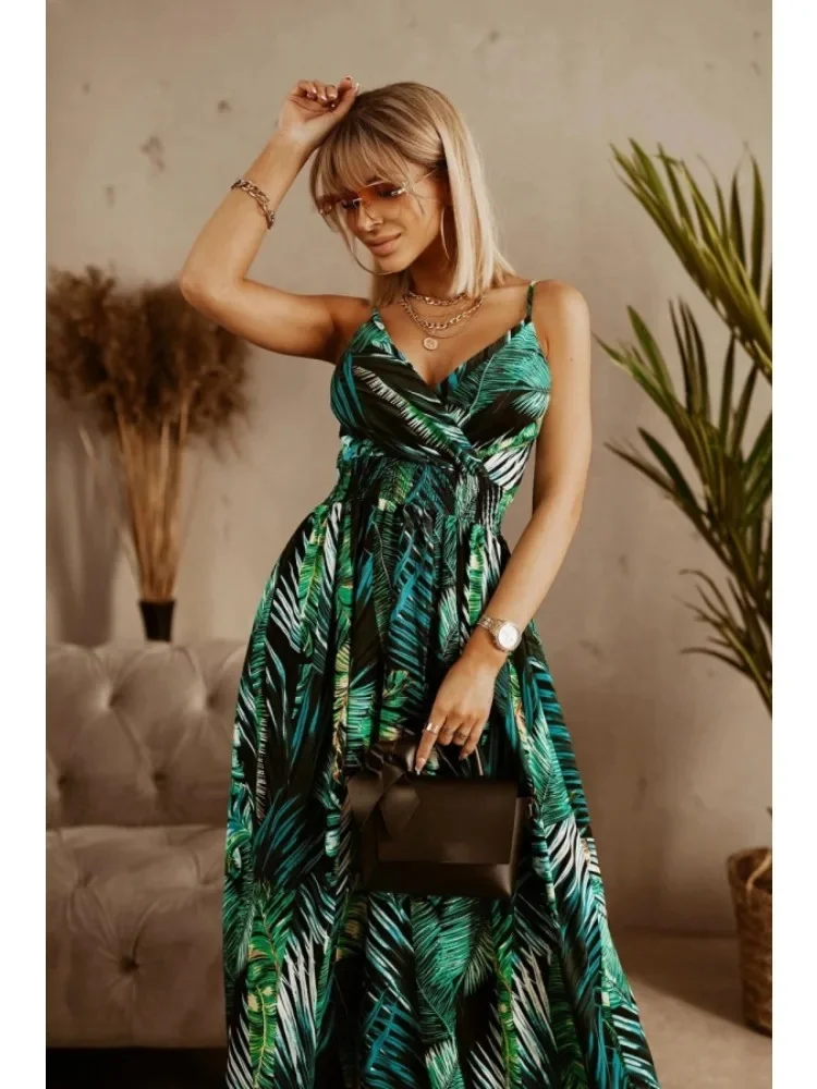 Nieuwe zomer sexy backless bretels v-hals jurk damesmode bloemenprint mouwloze vakantie strand feestjurken zoet casual - afbeelding 2