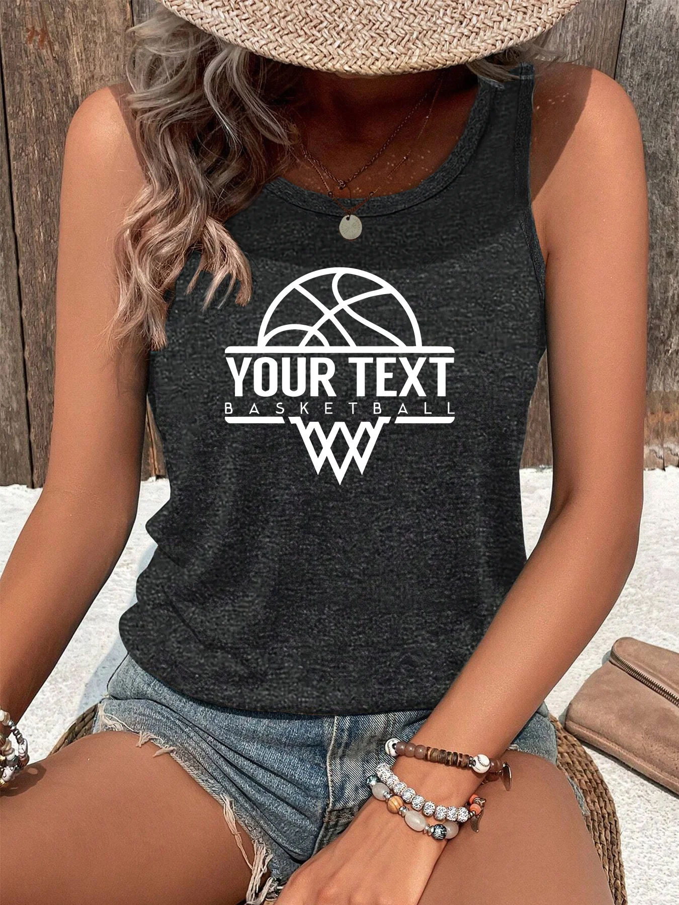 Your Text BasketBall BasketBall Letter Print Fashion Funny Sports Women's Tank Top Loose O Neck Sleeveless Casual Tank