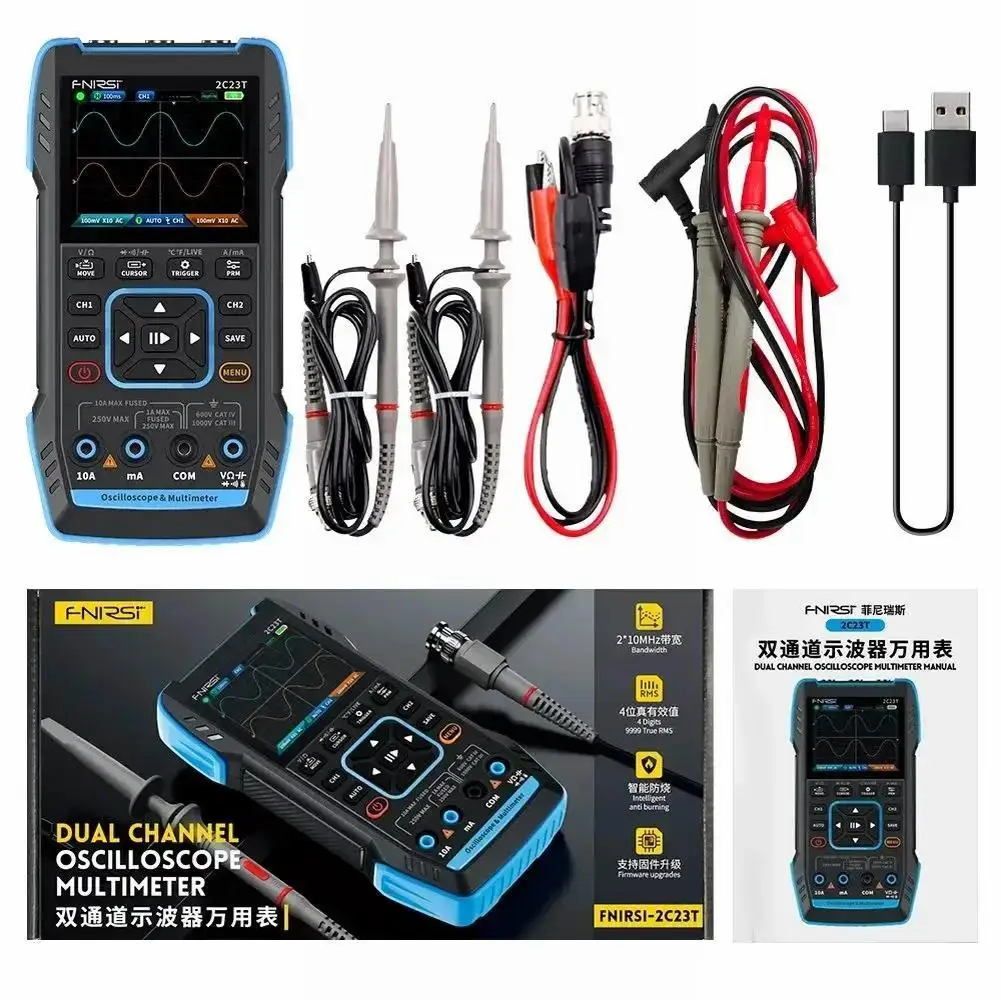 FNIRSI 2C23T draagbare digitale oscilloscoop multimeter + functiesignaalgenerator 2026 nieuwste 3-in-1 dual channel 10MHz * 2 50MS/s