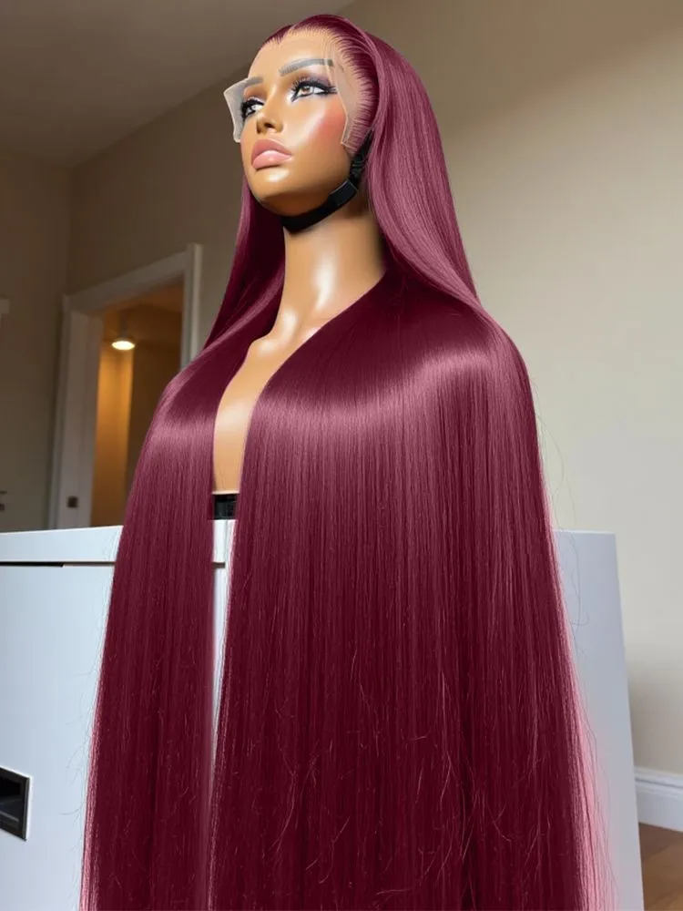 Pelucas delanteras de encaje Borgoña 99j, cabello humano rojo vino, 26 pulgadas, pelucas frontales de encaje recto de 200% de densidad con peluca roja sin pegamento prearrancada