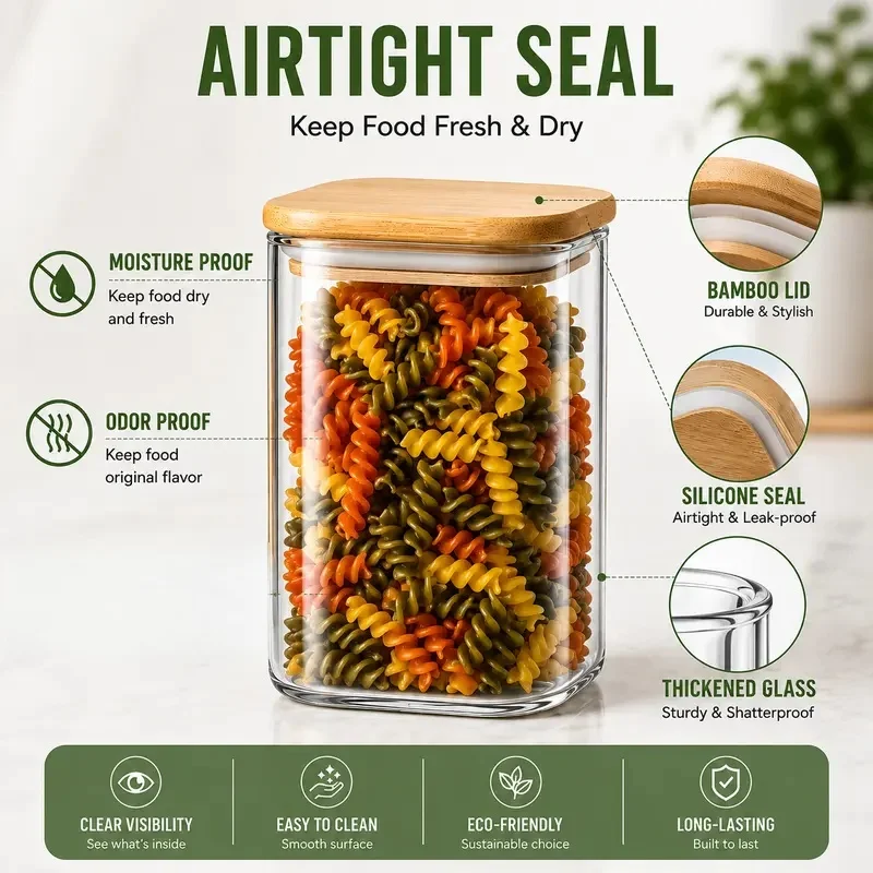 Set of 6 Square Borosilicate Glass Storage Jars with Bamboo Lids, 27/37/51oz Airtight Canisters for Pantry Coffee Flour Spices, Ideal Housewarming & Wedding Gifts view 5