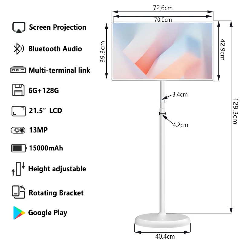 32 inch draagbare smart-tv, 60Hz 1080P touchscreen, rollend & in hoogte verstelbare Android-tv, 15000mAh batterij, 13MP camera, 6GB+128GB