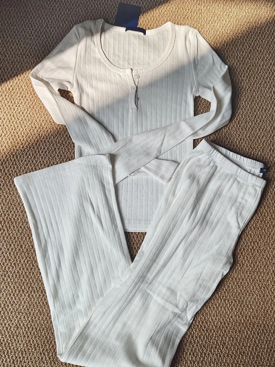 Eyelet White T-shirt Pant Pajama Set Woman Buttons Long Sleeve Tee+Elastic Waist Straight Trousers Cotton Home 2 Piece Sets Y2k — zdjęcie 2