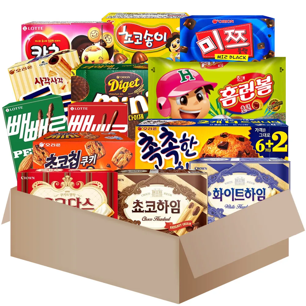 [MG010]snack box 13pcs{homerun-ball+chocoheim+cancho+pepero+coucuedasse+tonk+chocosongyi+chocochip-mini+moist choco chip cookie} etc