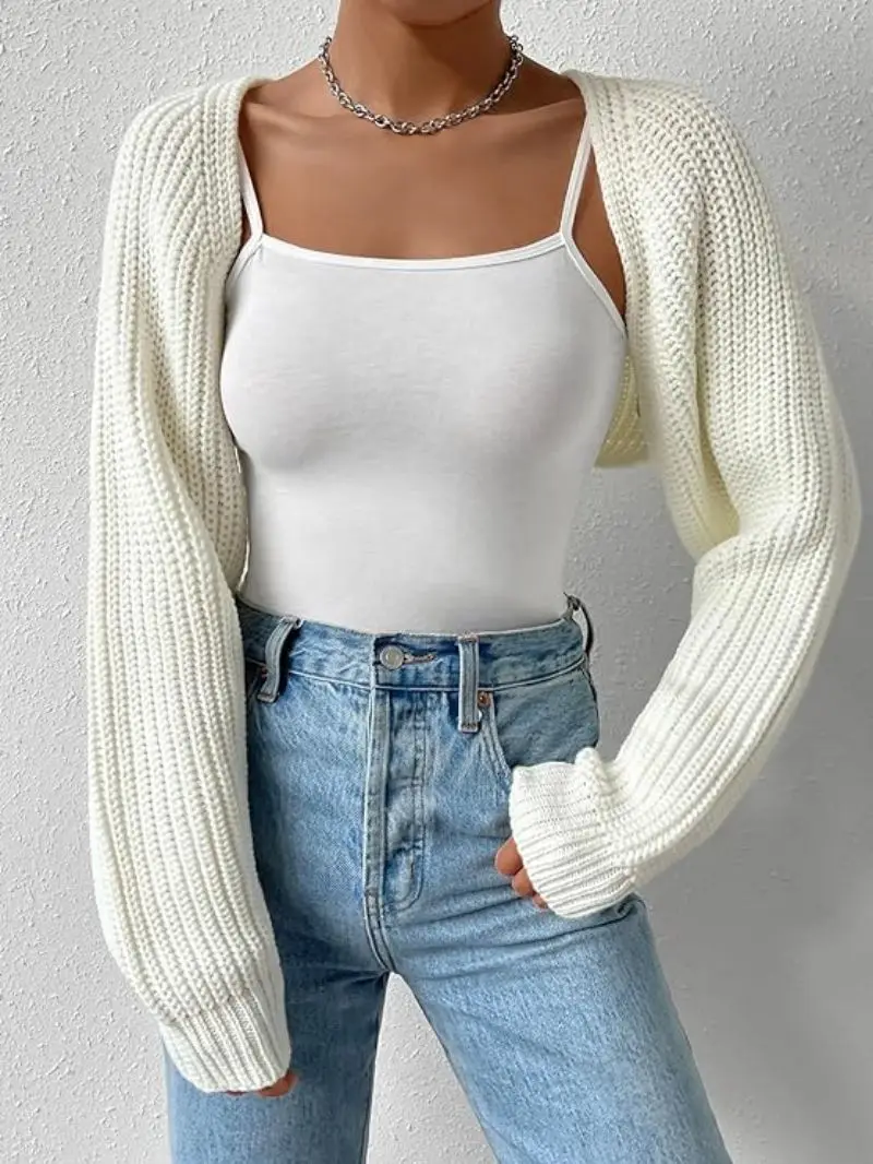 Women\'s Long Sleeve Open Front Knitted Crop Cardigan Sweater Shrug