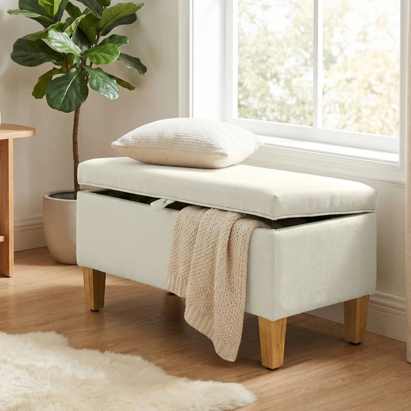 Banc de rangement, bout de lit, repose-pieds rembourré en lin avec pieds en bois de caoutchouc, 71x37x36cm, beige