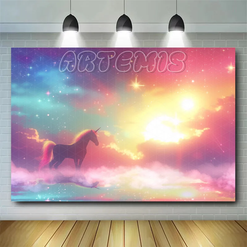 

Spring Photography Backdrop Unicorn Star Sun Clouds Iridescence Anime Aesthetic Pink Birthday Portrait Background Photo Studio