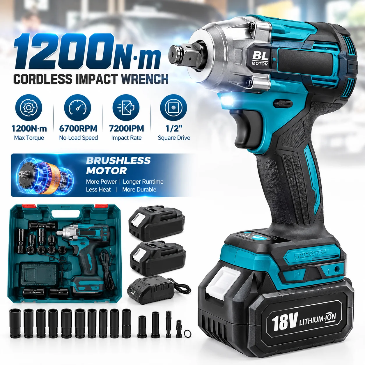 1200 N·m Akku-Schlagschrauber 1/2" 6700 U/min Bürstenloses Elektrowerkzeug LED-Licht Elektroschrauber Bohrer für Makita 18V Akku