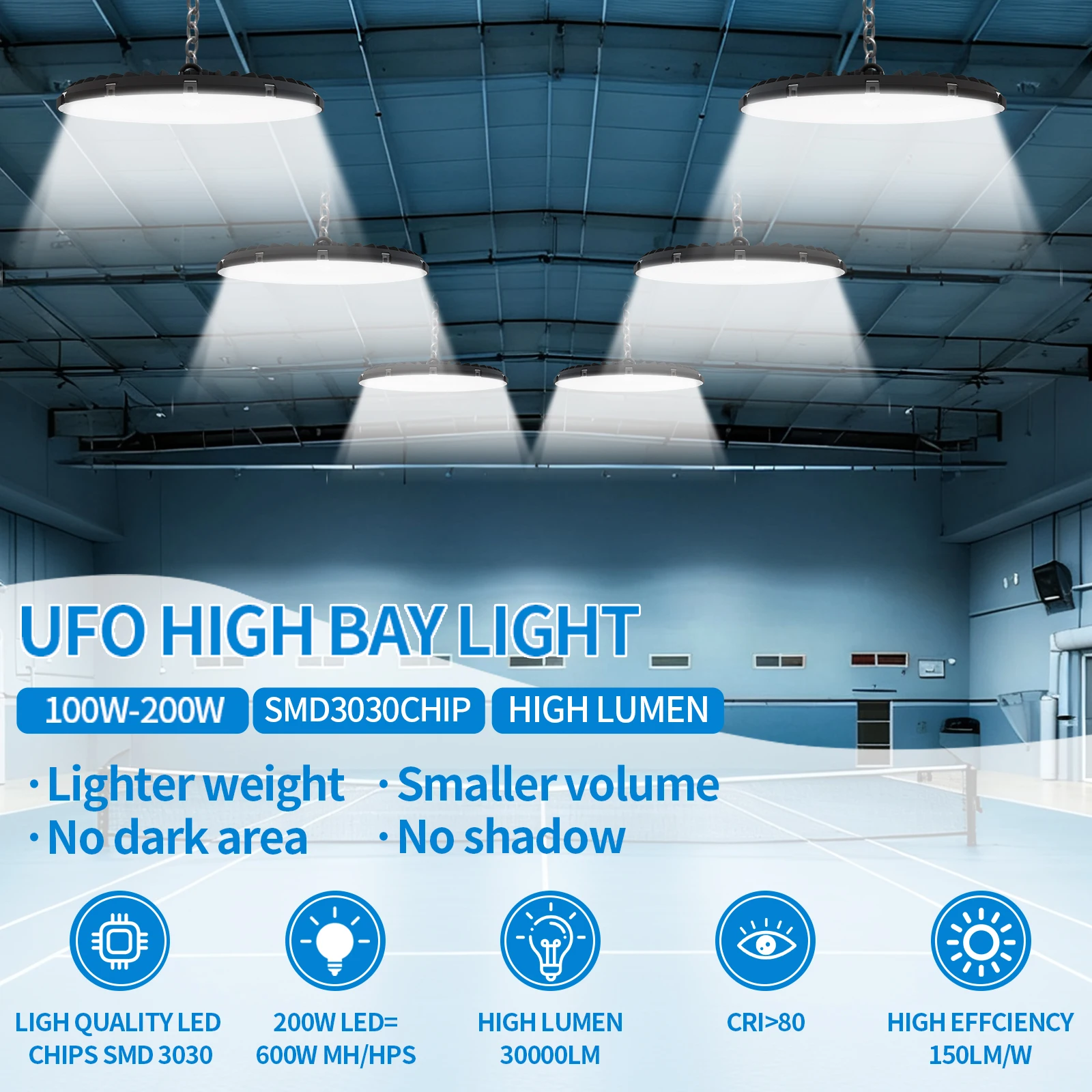 10 Pack UFO LED High Bay Light 100W 150W 200W 150LM/W SMD3030 IP65 Waterproof 30000LM CRI Die Cast Aluminum Heat Dissipation