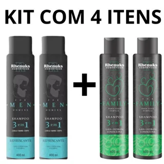 Kit Shampoo 3 em 1 - 4 itens - Shampoo Barba e Corpo - Shampoo For Family