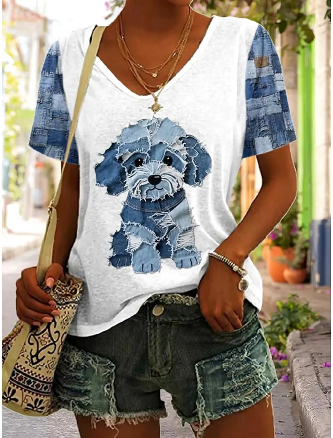 Camiseta con estampado de animales para mujer, Tops clásicos elegantes Vintage de manga corta con cuello en V, Tops regulares con estampado diario, ropa para mujer