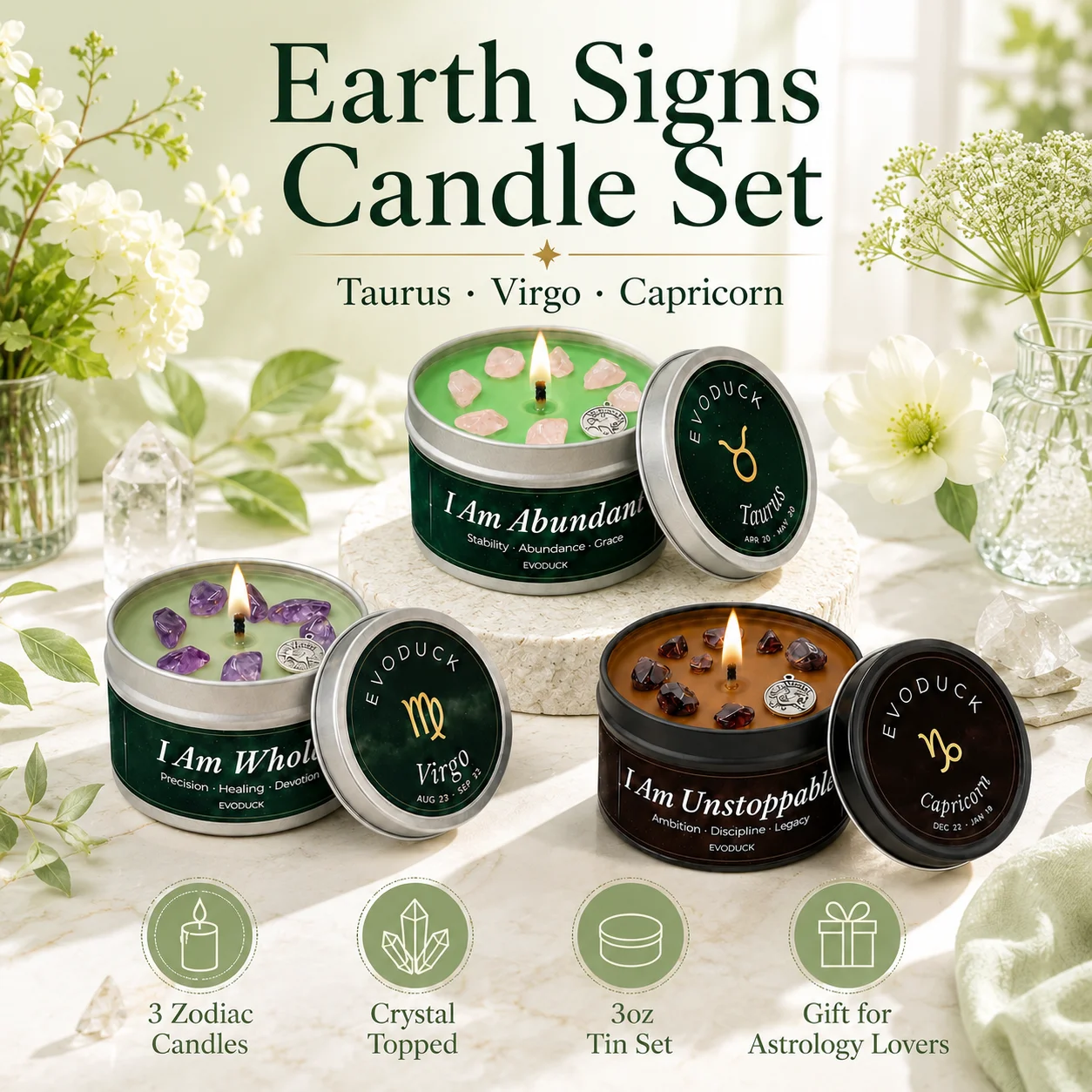 Earth Signs Zodiac Candle Set 3 Pack Taurus Virgo Capricorn Scented Soy Candles with Healing Crystal Gemstones 3oz Tin Astrology Affirmation Candle Meditation Spiritual Gift Set for Women Christmas Housewarming Thanksgiving Astrology Lovers Mom Sister