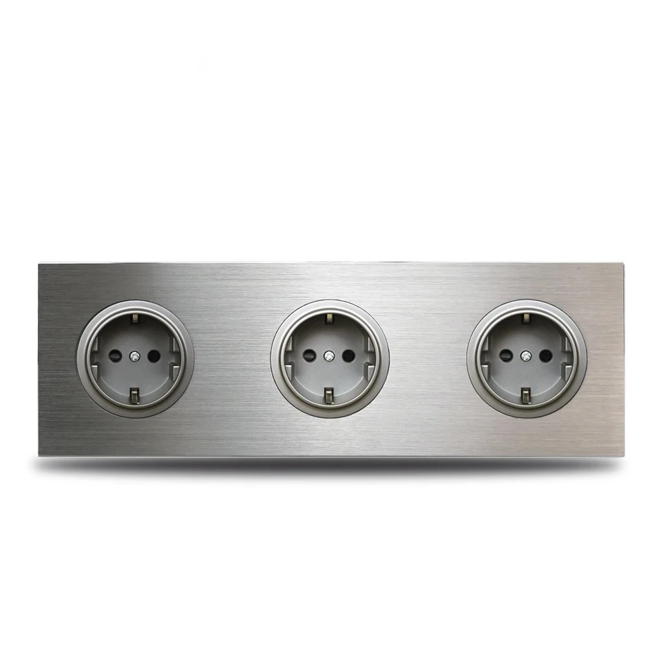 

Wall Mounted Triple Air Conditioner Socket EU Electrical Wall Outlet With Aluminum Frame Panel 3 Gang Silver Plate 172 * 86 mm