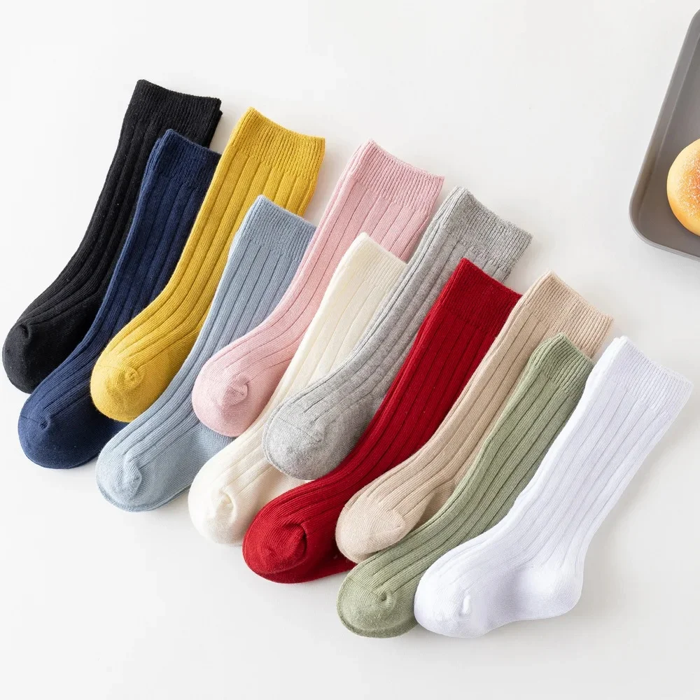 Chaussettes hautes en coton à rayures pour bébé fille et garçon de 0 à 3 ans, couleur unie, longues, pour nouveau-né