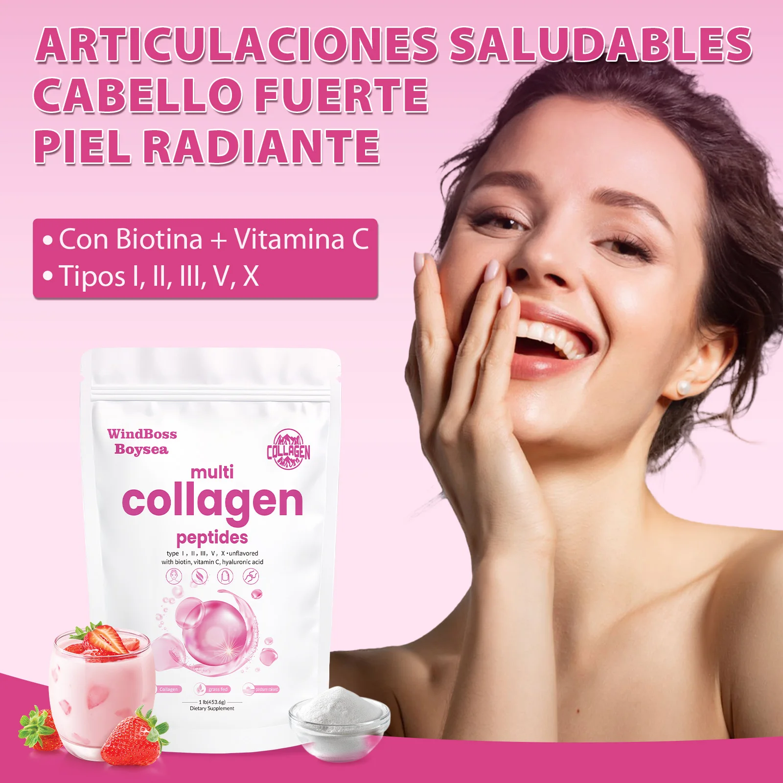 Windboss – Multihydrolysiertes Kollagenpeptidpulver mit Typen I, Ii, Iii, V und X, Biotin und Vitamin C – Ungeschmack, glutenfrei, gentechnikfrei – Unterstützt Haut, Haare, Nägel, Gelenke und Knochen – 1 Pfund