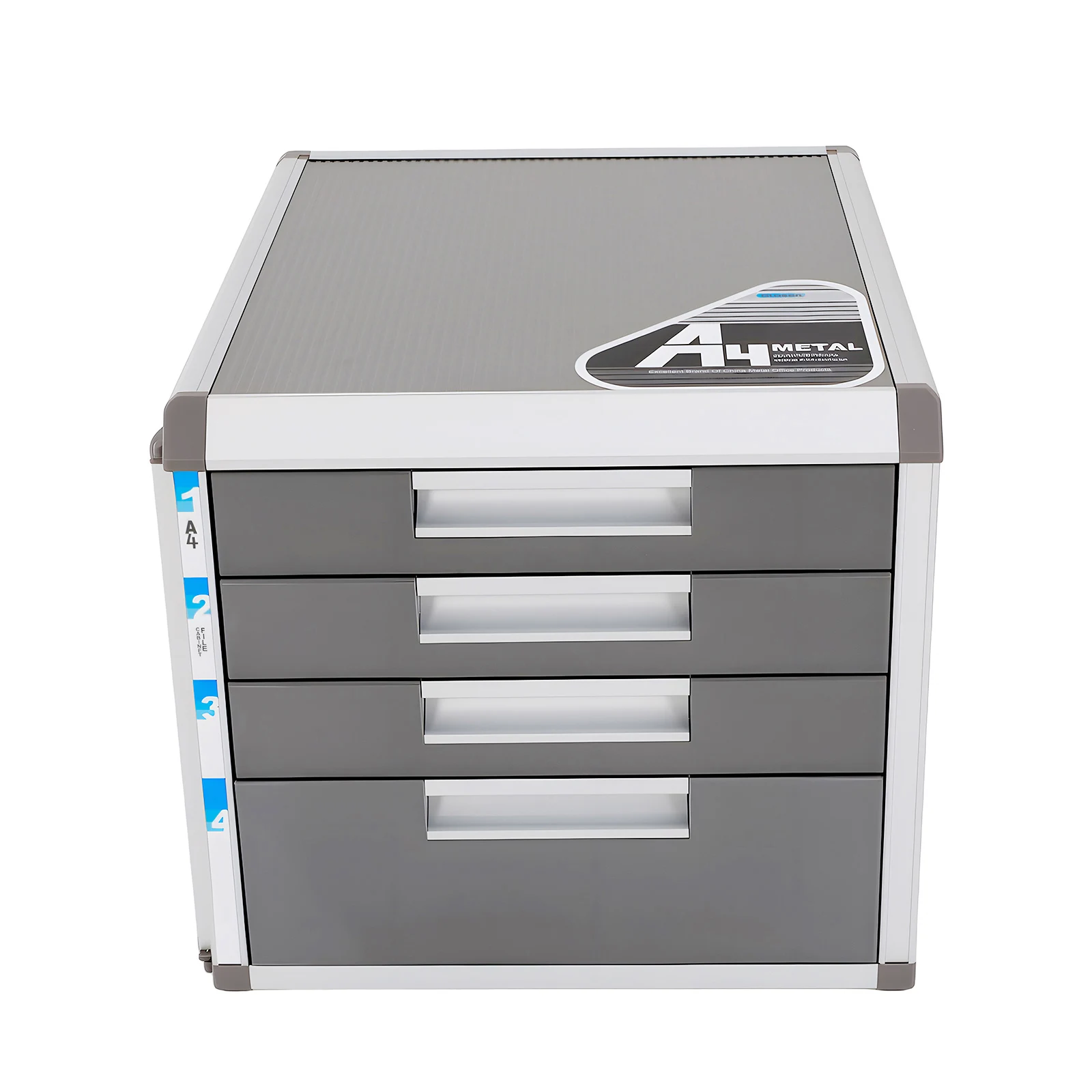 Grey Silver Document Storage Box File Storage Cabinet with 4 Lockable Drawers and Side Label for Offices and Homes