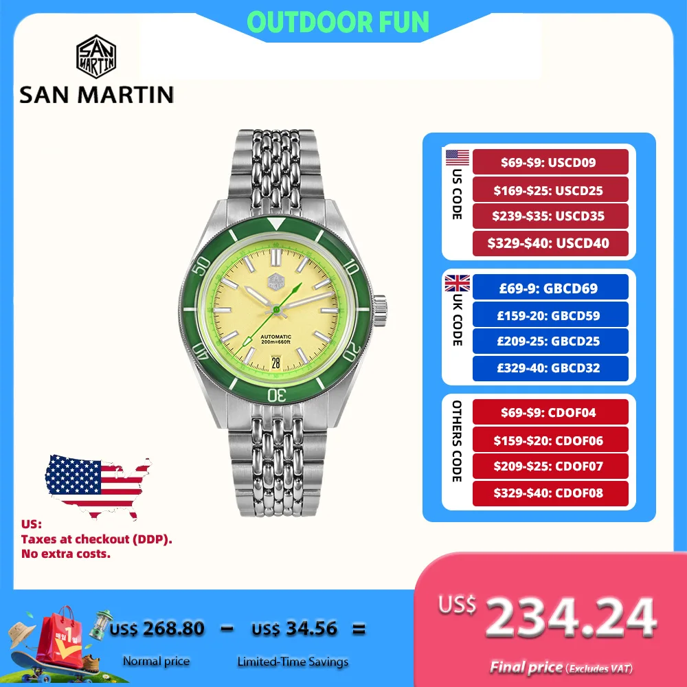 

San Martin 39,5 мм NH35 Fruit Series Алюминиевый ободок Мужские часы для дайвинга Механические наручные часы C3 Светящиеся 6H Дата Сапфир SN0116B