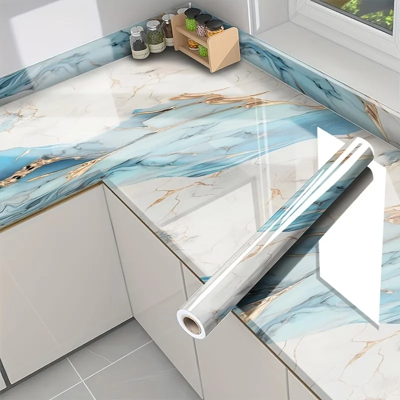 Kitchen Cabinet And Countertop Furniture Renovation Sticker Blue And Gold Marble Pattern Waterproof And Oil-Proof PVC Wallpaper.
