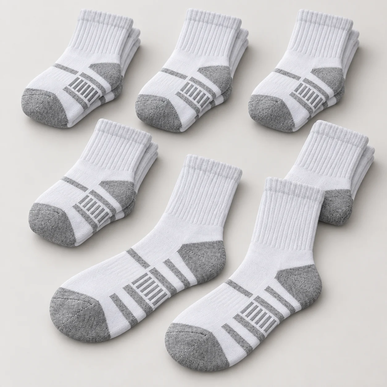 6 Pairs 12 Pcs White Light Grey Crew Socks Grey Heel Toe Ribbed Cuff Geometric Stripe Mid Calf Socks for Daily Use
