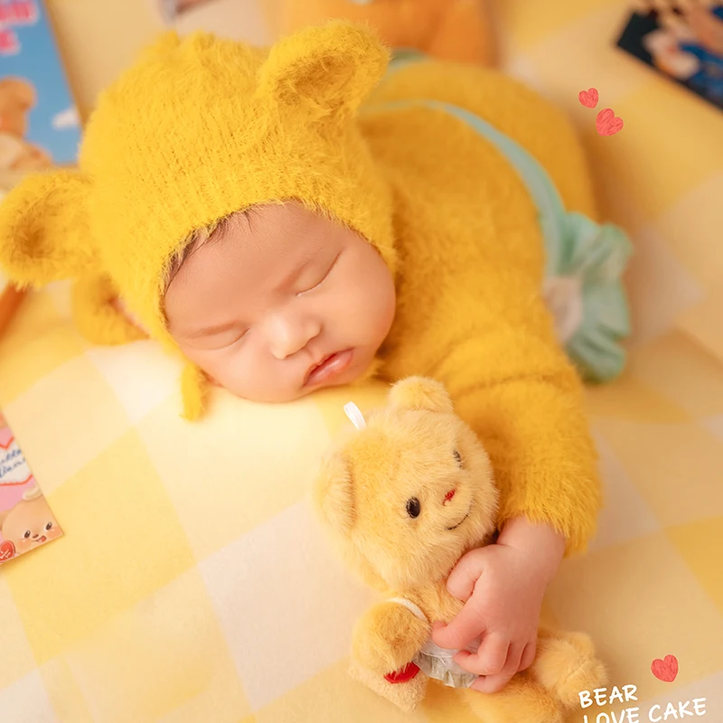 الوليد التصوير المشهد الدعائم الطفل بذلة + قبعة الدب الدمى استوديو 0-1 شهر الطفل لطيف الأصفر الدب صور موضوع الدعامة الملحقات