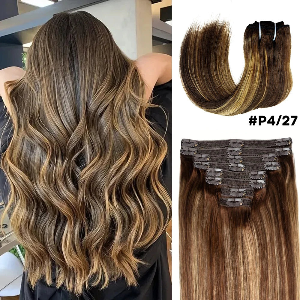 

P4/27 Заколка для наращивания волос, прямые заколки для человеческих волос, 8 шт., с 18 зажимами, 120 г, 100% человеческие волосы, шоколадно-коричневые волосы