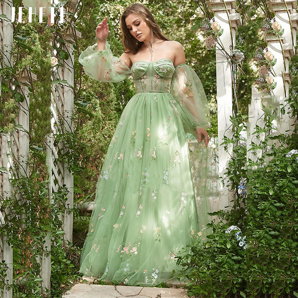 JEHETH-vestido De fiesta con bordado verde para mujer, traje De noche con mangas abullonadas sin tirantes, Espalda descubierta, fiesta formal Ropa de baile bordada. Vestido de fiesta de baile de hadas Vestido de noche.