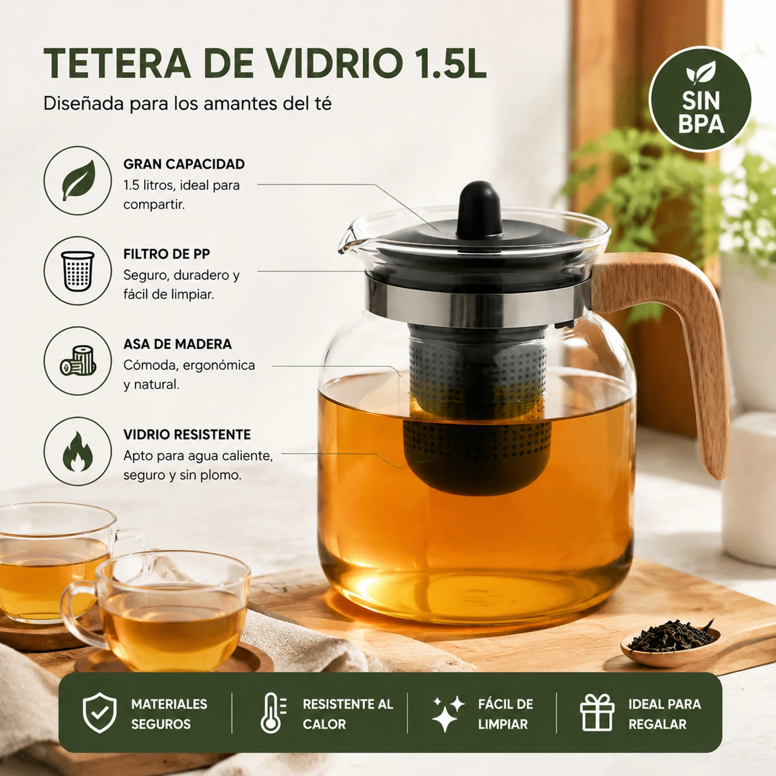 Théière en verre borosilicate résistant à la chaleur de 1,5 L avec infuseur amovible en PP sans BPA et poignée ergonomique en bois naturel, pichet transparent pour thé en feuilles, infusions de fruits et eau froide d'été, design élégant pour cuisines domestiques, C