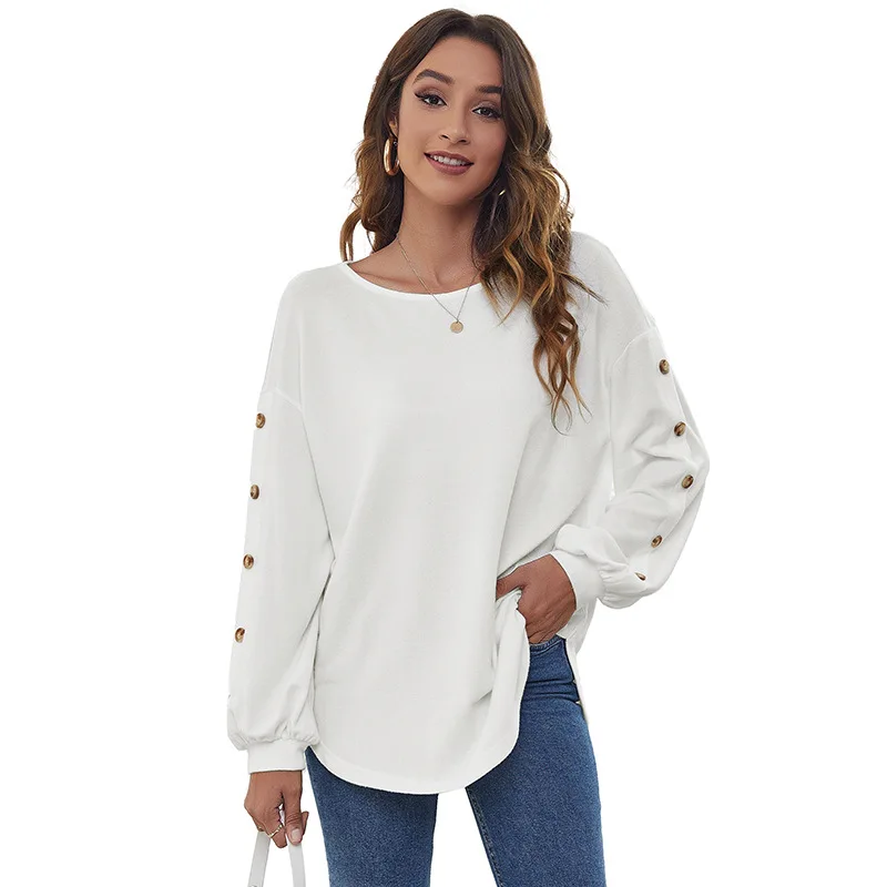 Blusa de algodón de manga larga para mujer, Top holgado, informal, con cuello redondo, para primavera y otoño