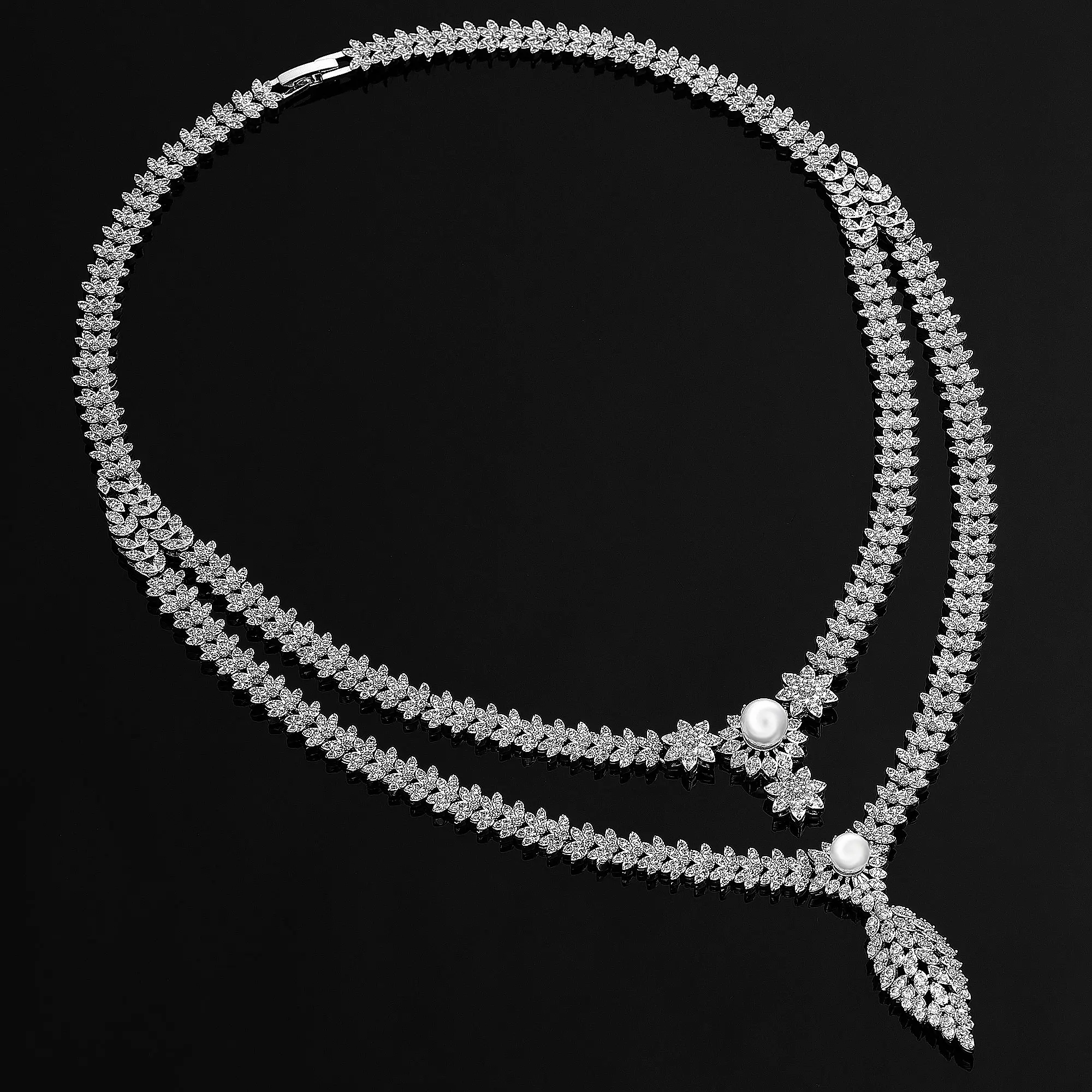 

4-х предметное свадебное двойное ожерелье с жемчугом и цирконом, полный комплект ювелирных изделий, женский вечерний роскошный комплект свадебных украшений с кристаллами Дубая, Нигерия и CZ