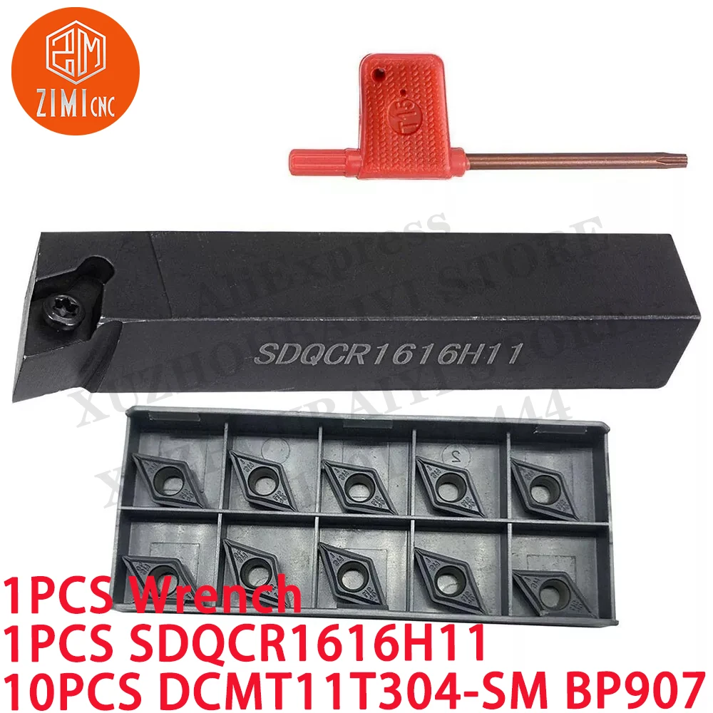 1PC SDQCR1616H11 CNC Lathe External Turning Tool Holder +10PCS DCMT11T304-SM Carbide Inserts metal lathe mechanical cutting tool