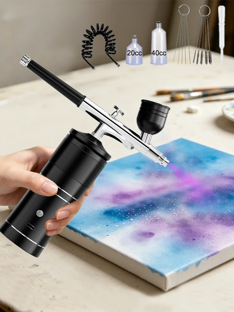 Zestaw do airbrush z kompresorem, mini pistolet natryskowy, akumulatorowy spryskiwacz do paznokci, aerograf do malowania paznokci, makijażu, modelarstwa, tatuażu. (Black) — Zdjęcie 2 z 2