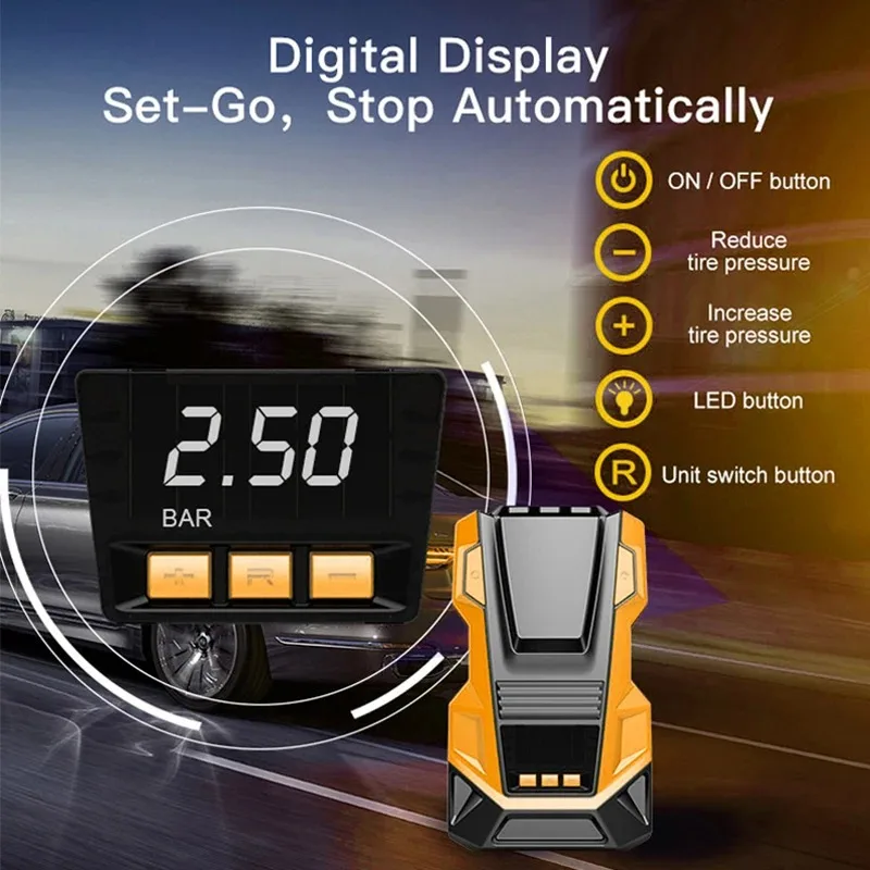 EAFC Tragbarer Auto-Reifenluftkompressor 150PSI Digitale Luftpumpe AC220 DC12V Mit LED-Leuchten Für Auto, Motorrad, Fahrrad – Detail 7
