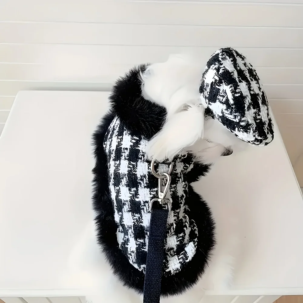 Small and medium-sized dog black plush cloak adjustable jacket D-loop traction rope fashionable hat suit set for cats and dogs a